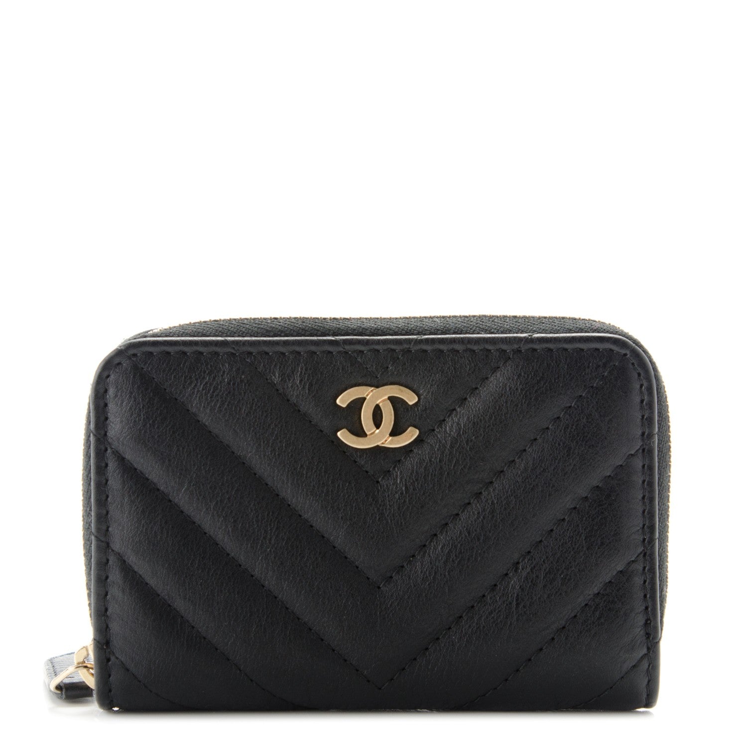 Chanel Calfskin Chevron Quilted Zip Around Coin Purse Wallet Black 1 of 7