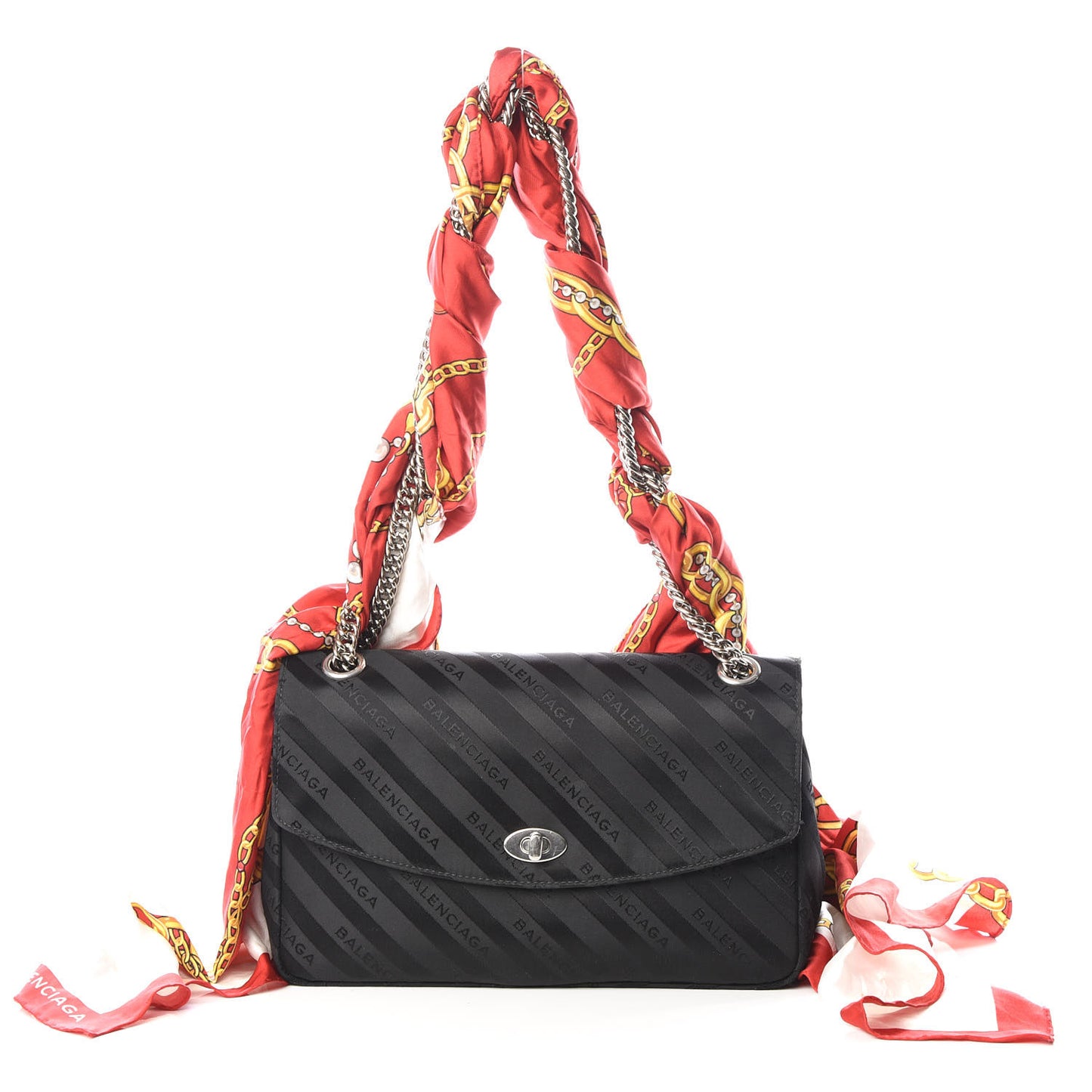 Nylon Jacquard Diagonal Logo Medium Scarf Lock Chain Shoulder Bag Black Red