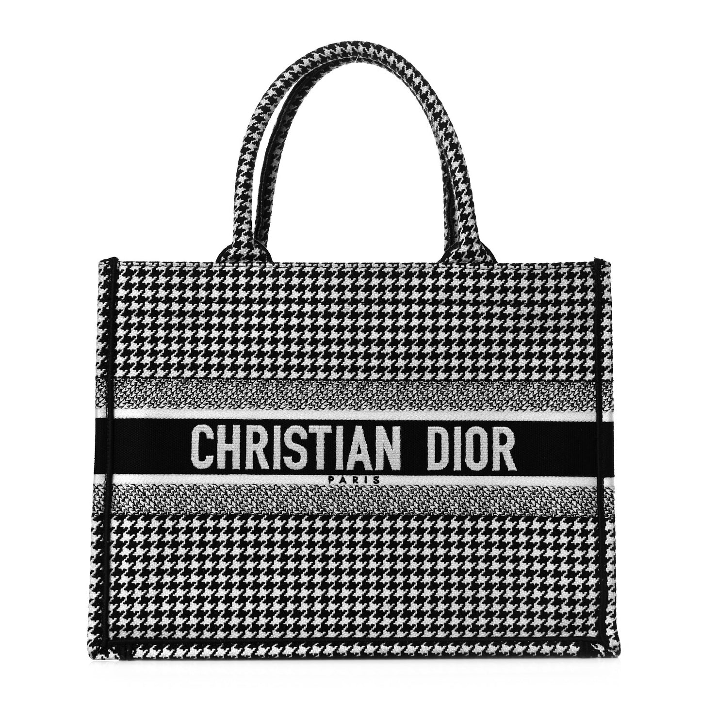 Canvas Houndstooth Embroidered Medium Book Tote Black White