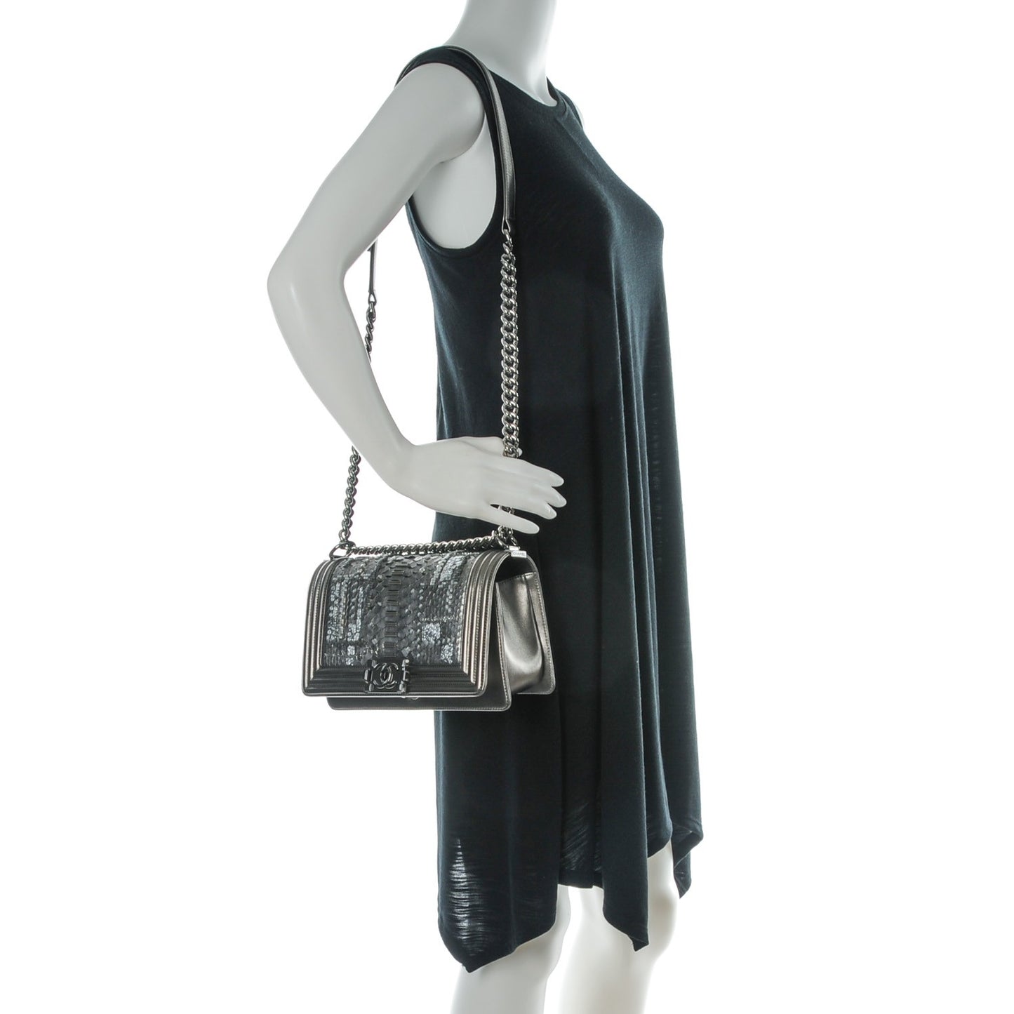 Metallic Lambskin Embroidered Python Medium Boy Flap Silver
