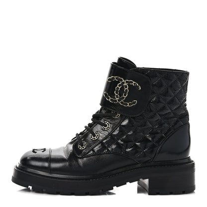 Chanel Shiny Calfskin Quilted Lace Up Combat Boots 38.5 Black 1 of 8