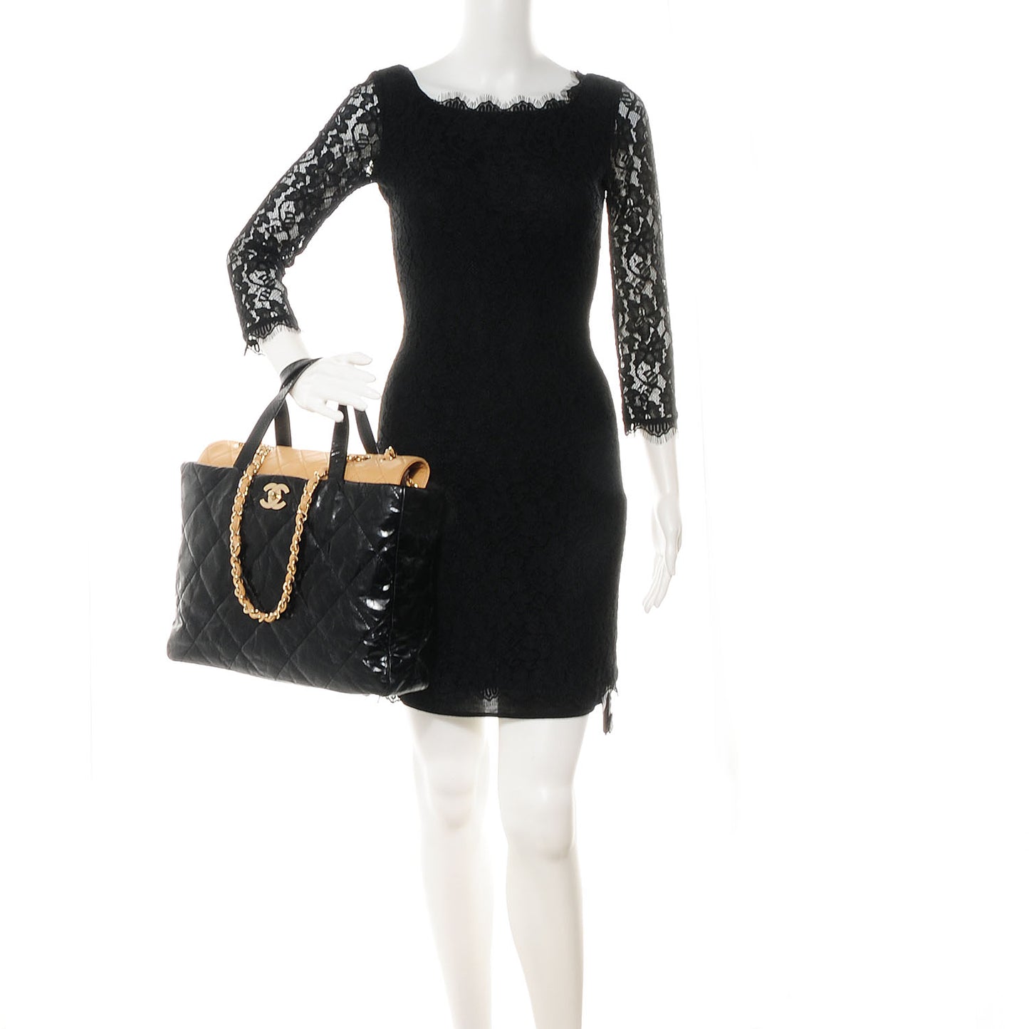 Glazed Calfskin Portobello Tote Black Beige