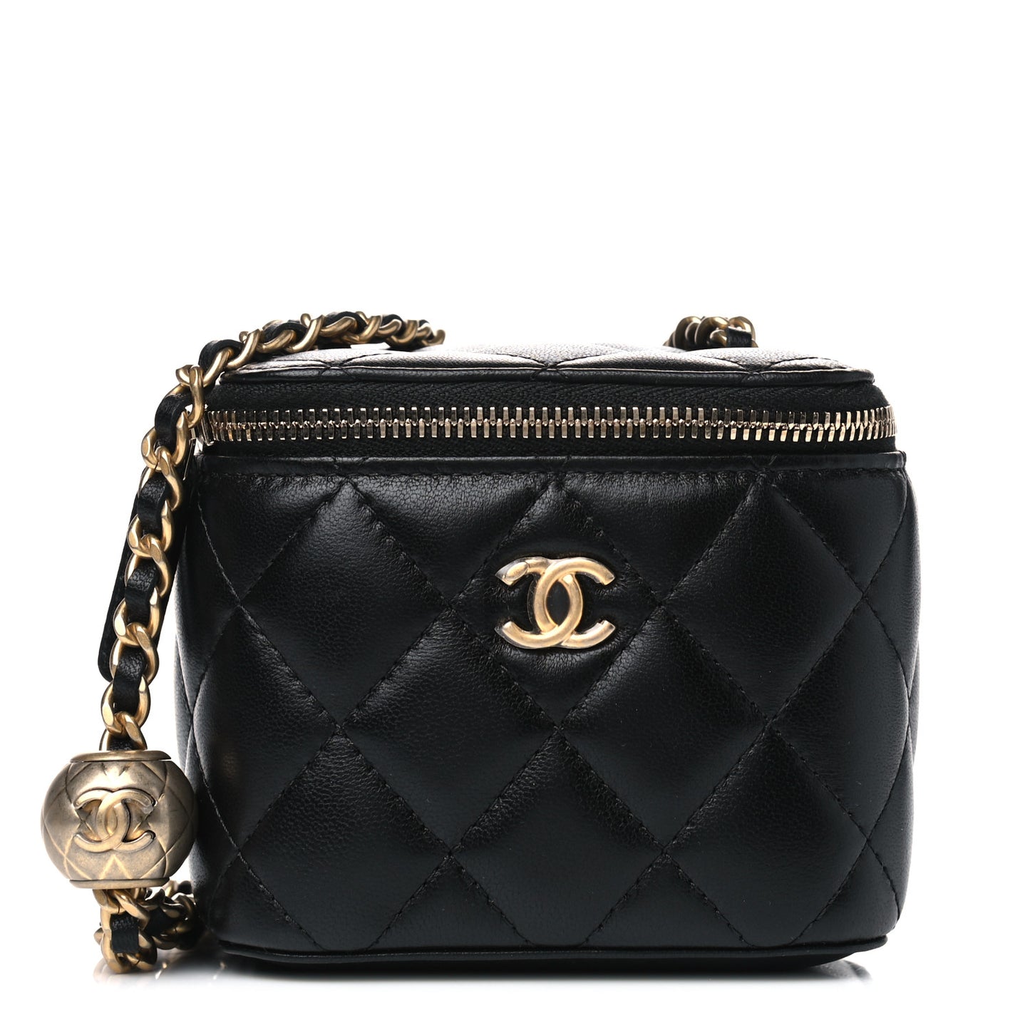 Lambskin Quilted Mini Pearl Crush Vanity Case With Chain Black