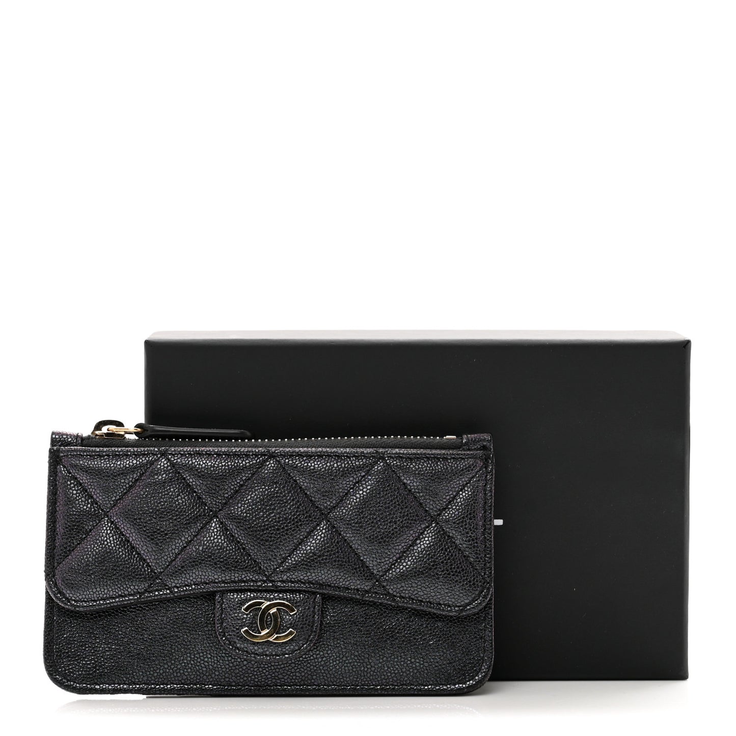 Iridescent Caviar Quilted Flap Zip Card Holder Black