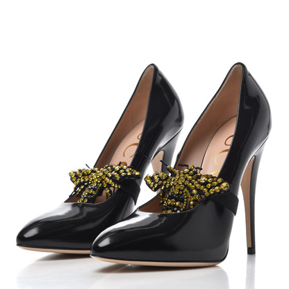 Gucci Polished Calfskin Removable Bee Elaisa Platform High Heel Pumps 38.5 Black 3 of 16