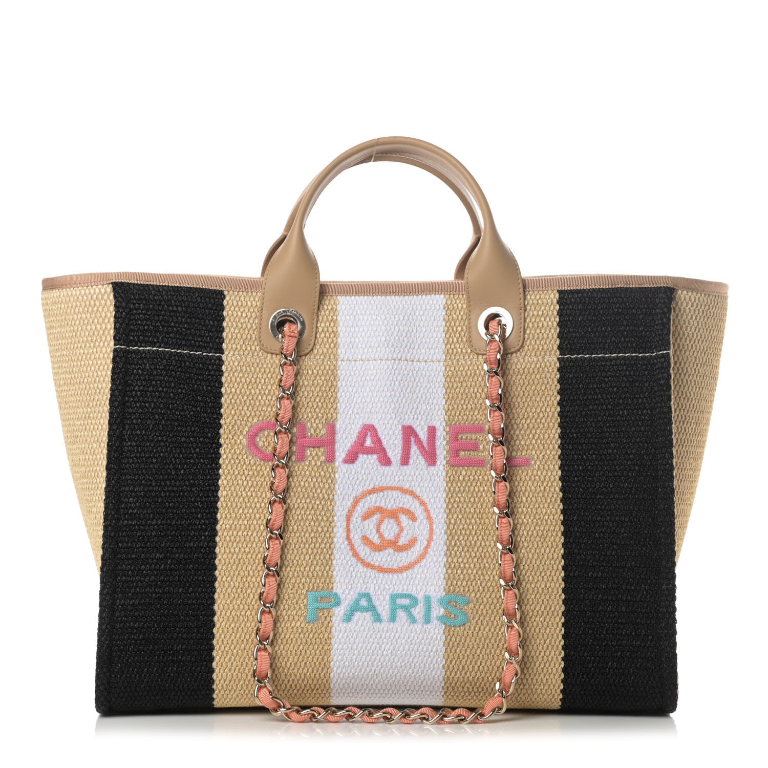 Chanel Straw Raffia Calfskin Striped Medium Deauville Tote Black Beige Ivory 1 of 12