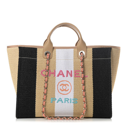 Chanel Straw Raffia Calfskin Striped Medium Deauville Tote Black Beige Ivory 1 of 12