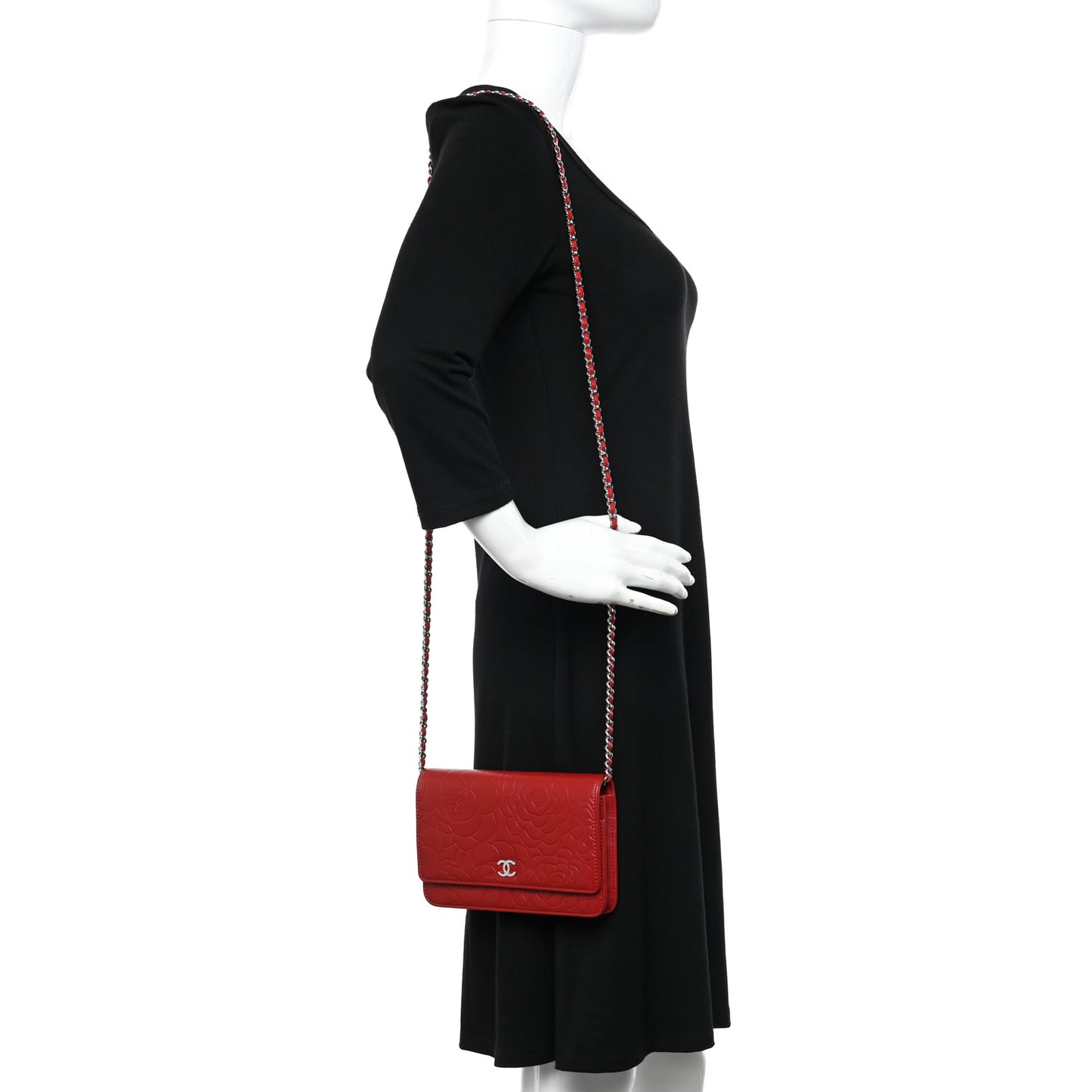 Lambskin Camellia Embossed Wallet on Chain WOC Red