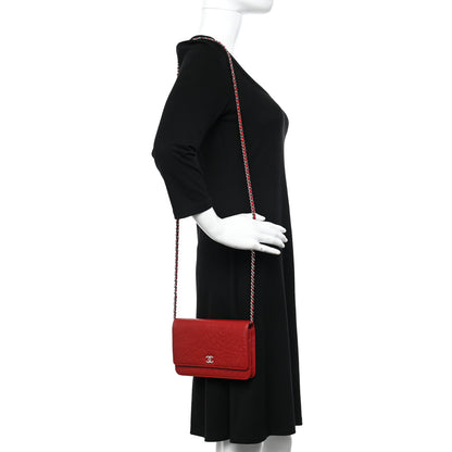 Chanel Lambskin Camellia Embossed Wallet on Chain WOC Red 3 of 12
