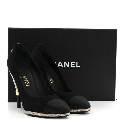 Chanel Suede Calfskin Satin Cap Toe CC Pumps 37 Black 10 of 10