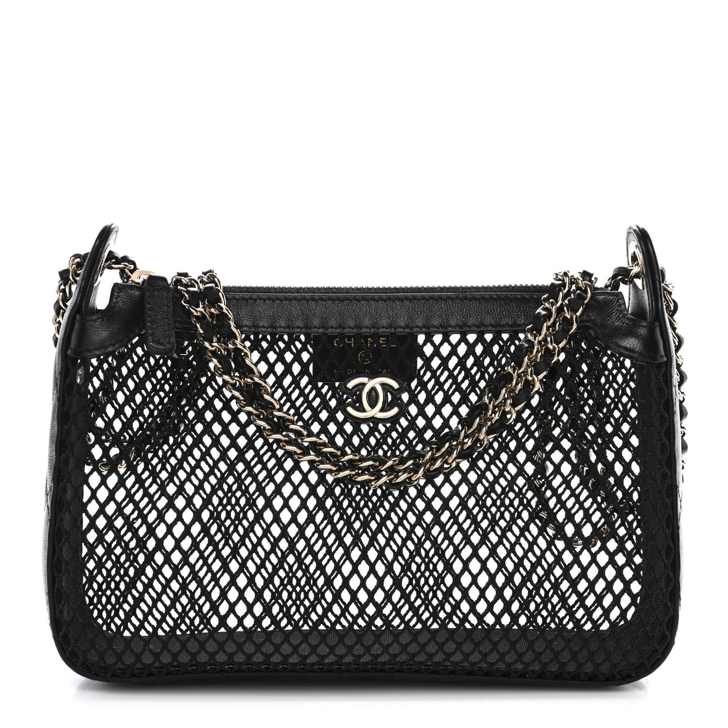 Mesh Shiny Lambskin Clutch With Chain Black