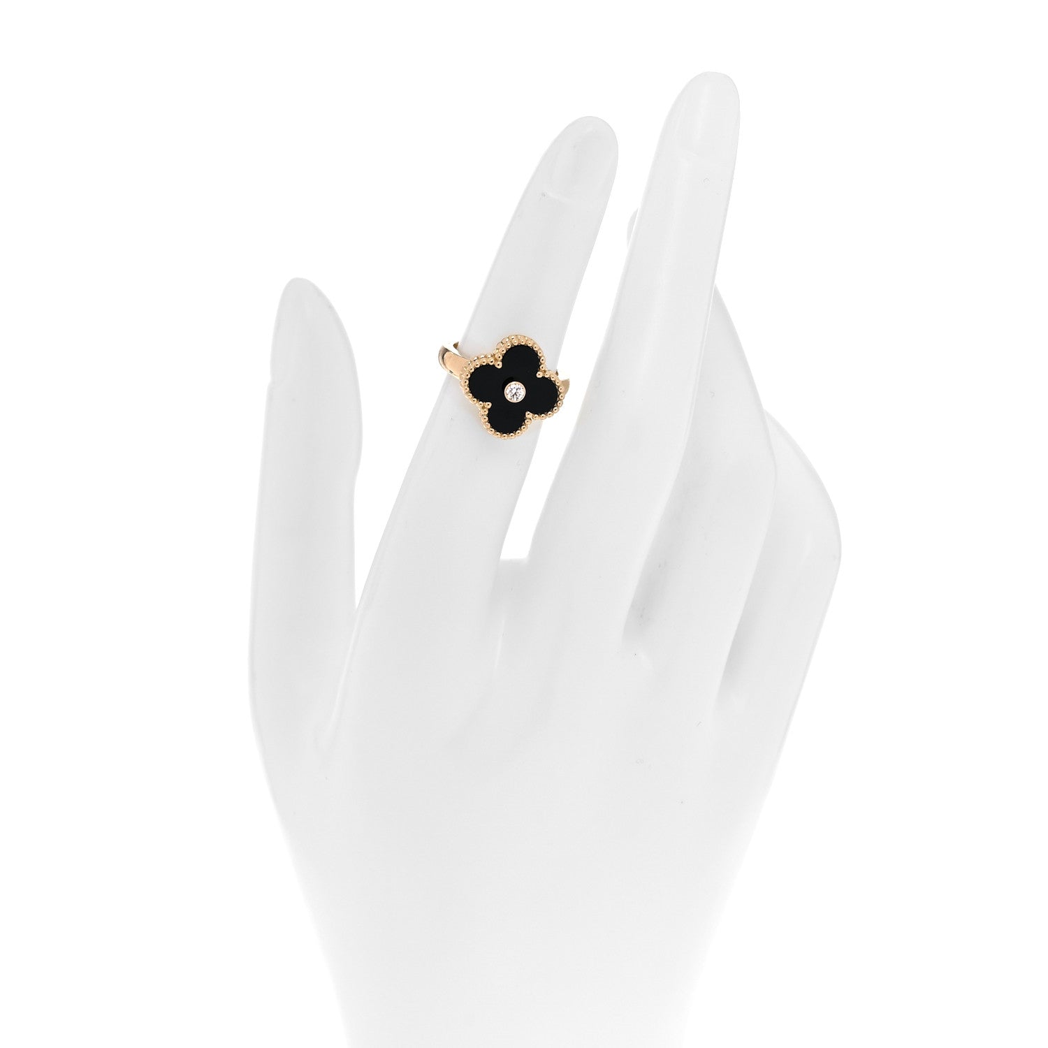Van Cleef & Arpels 18K Yellow Gold Diamond Black Onyx Vintage Alhambra Ring 48 4.5 2 of 6