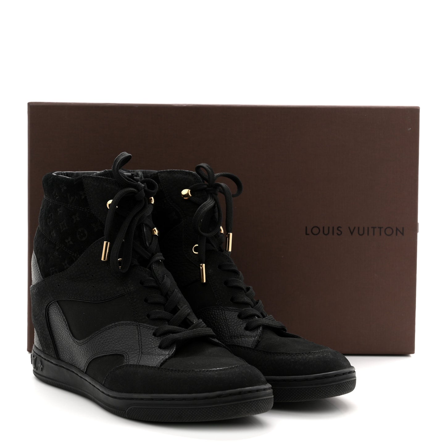 Calfskin Suede Monogram Cliff Top Wedge Sneakers 40 Black
