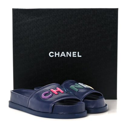 Chanel Lambskin Cha-Nel Mule Sandals 38 Navy Multicolor 10 of 10