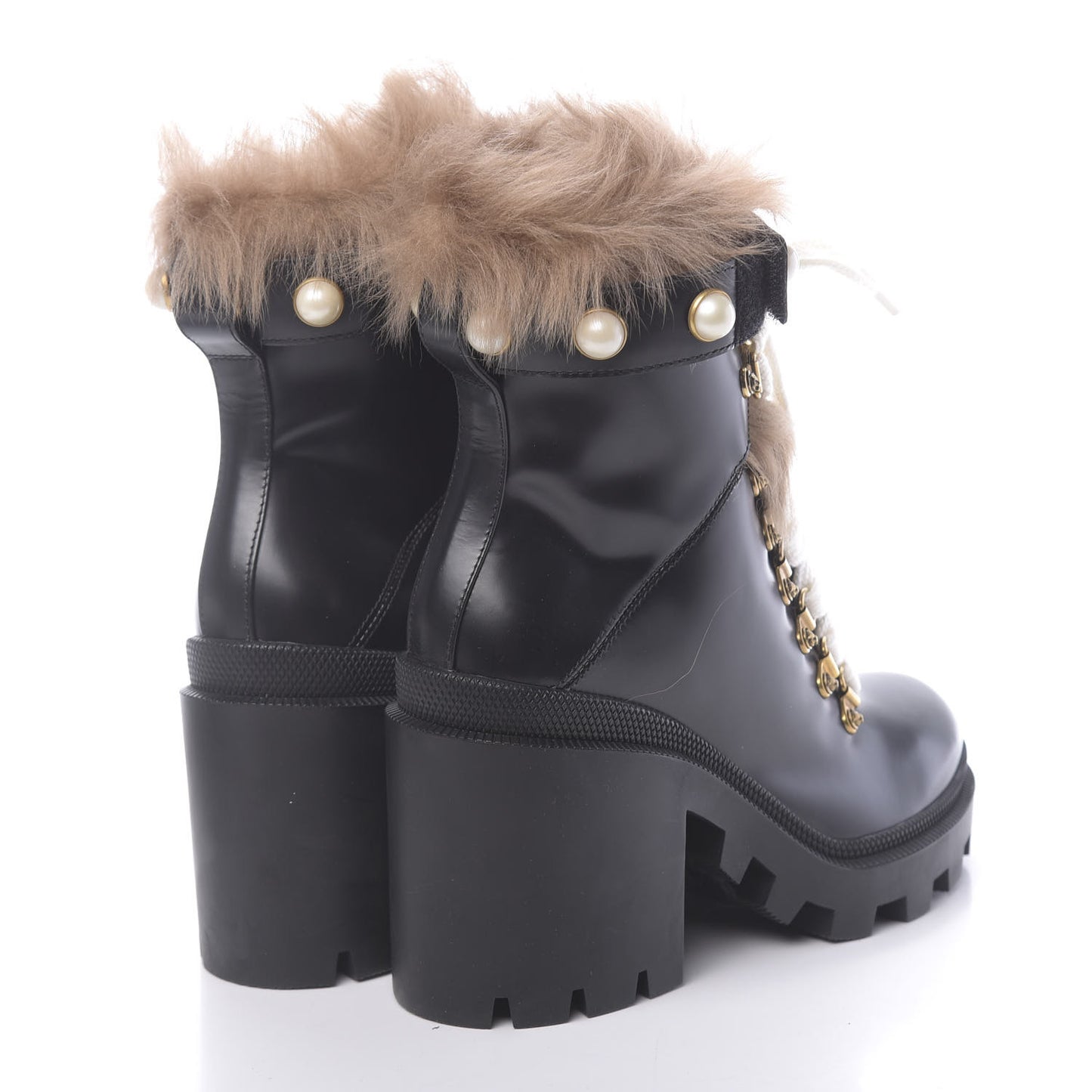 Magnum Calfskin Fur Pearl Lace Up Combat Ankle Boots 36.5 Black Naturale