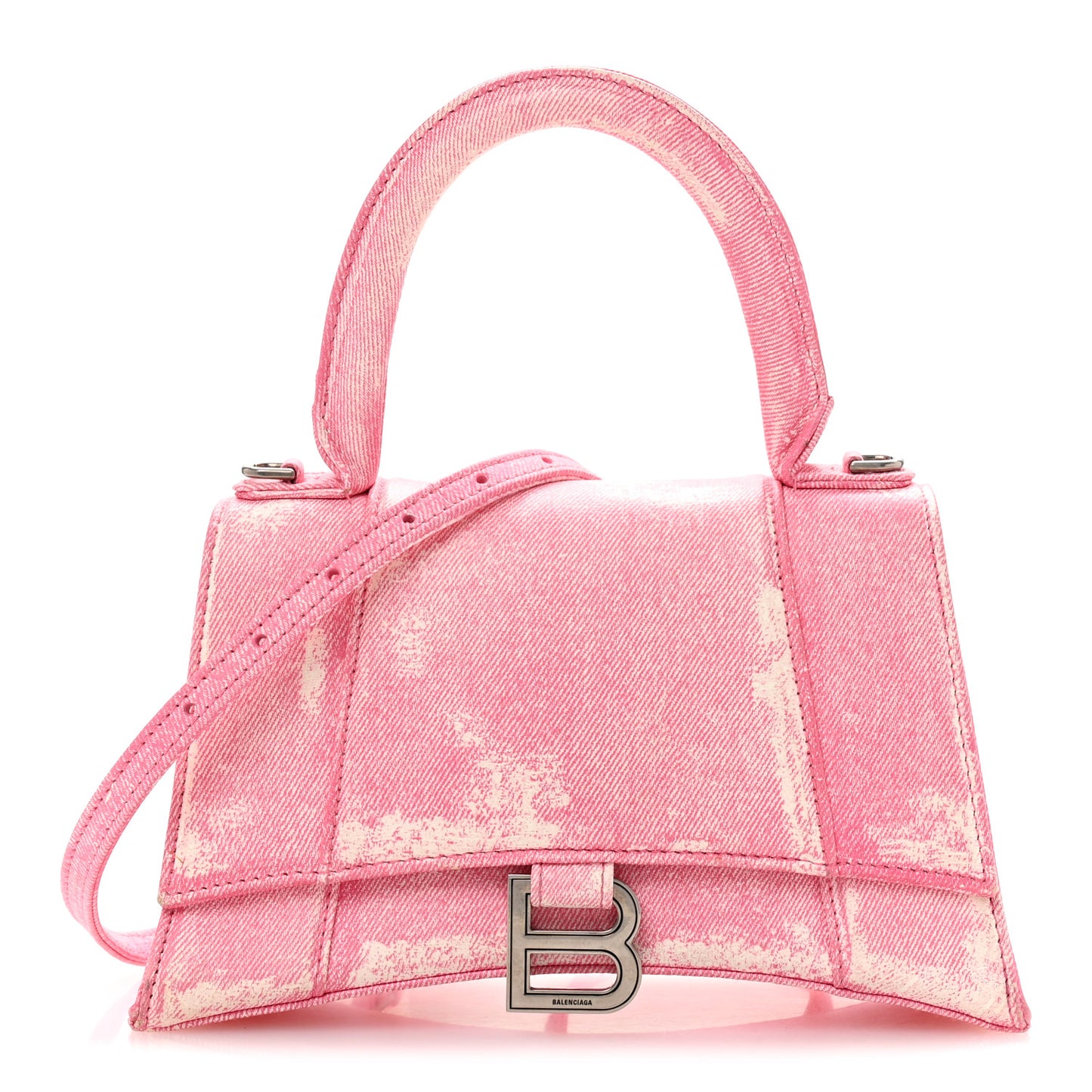 Nappa Denim Printed Small Hourglass Top Handle Bag Denim Pink