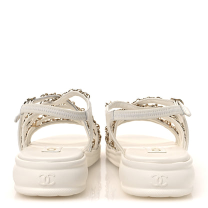 Chanel Lambskin Metal Chain Ankle Strap Sandals 39 White 6 of 12