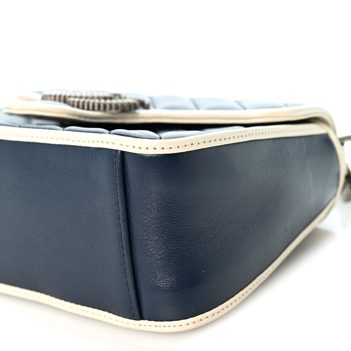 Vintage Effect Calfskin Matelasse Diagonal Mini Torchon GG Marmont Top Handle Shoulder Bag Blue Agata Mystic White