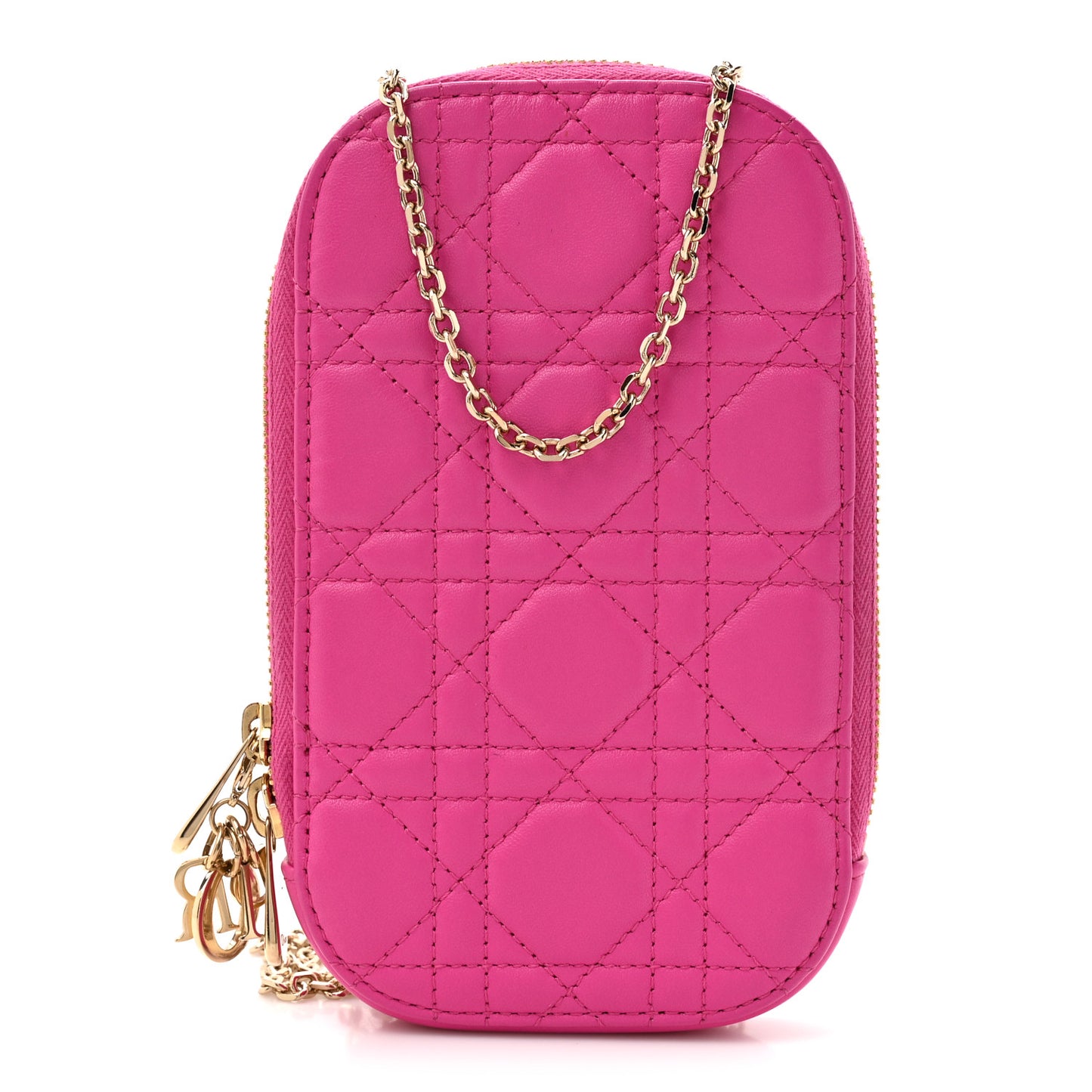 Lambskin Cannage Lady Dior Phone Holder Fuchsia