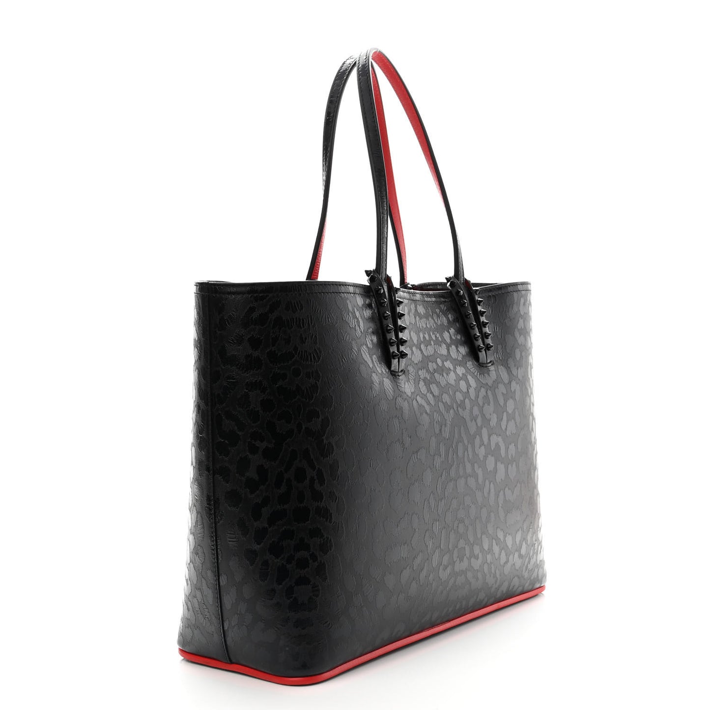Patent Calfskin Leopard Print Spikes East West Cabata Tote Black