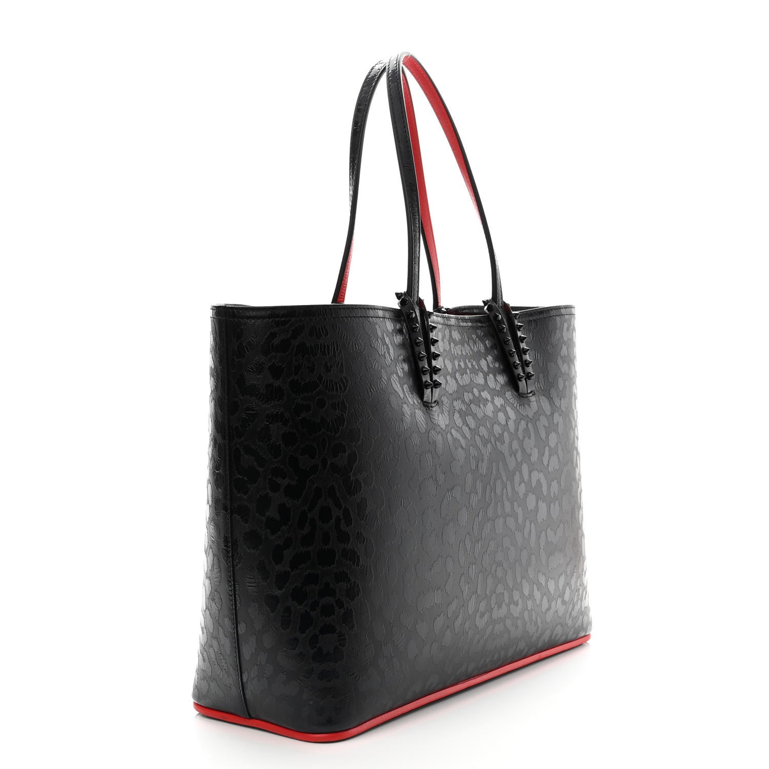 Christian Louboutin Patent Calfskin Leopard Print Spikes East West Cabata Tote Black 4 of 11