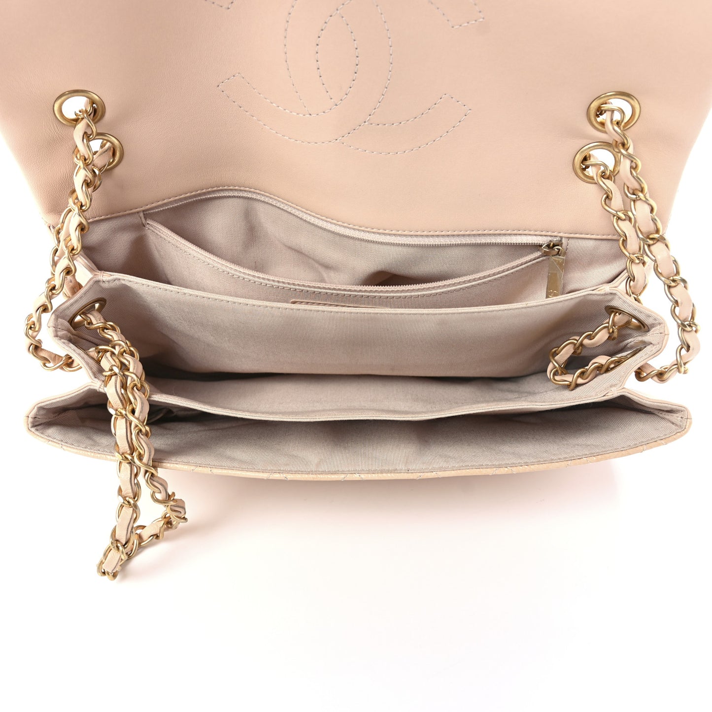 Patent Goatskin Quilted 3 Pocket Accordion Flap Beige