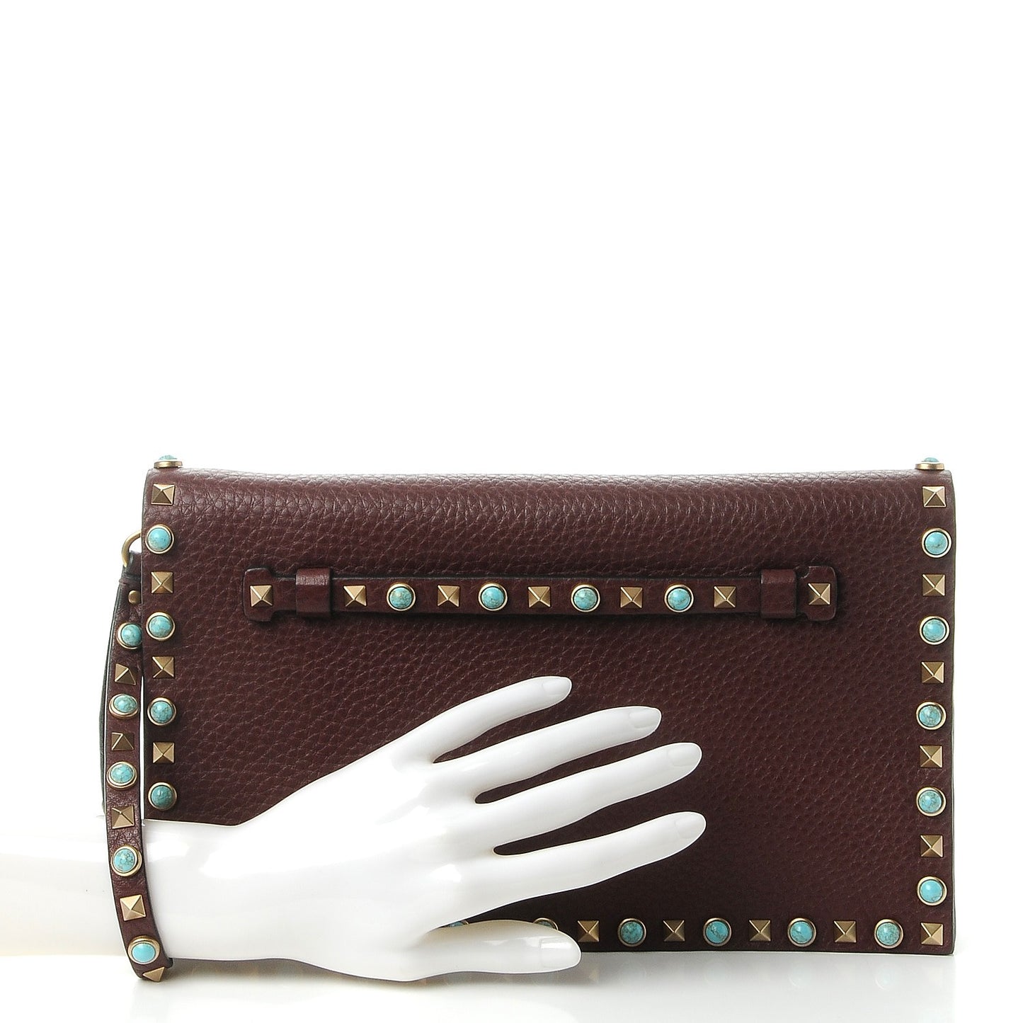 Pebbled Calfskin Rockstud Rolling Wristlet Clutch Rubin