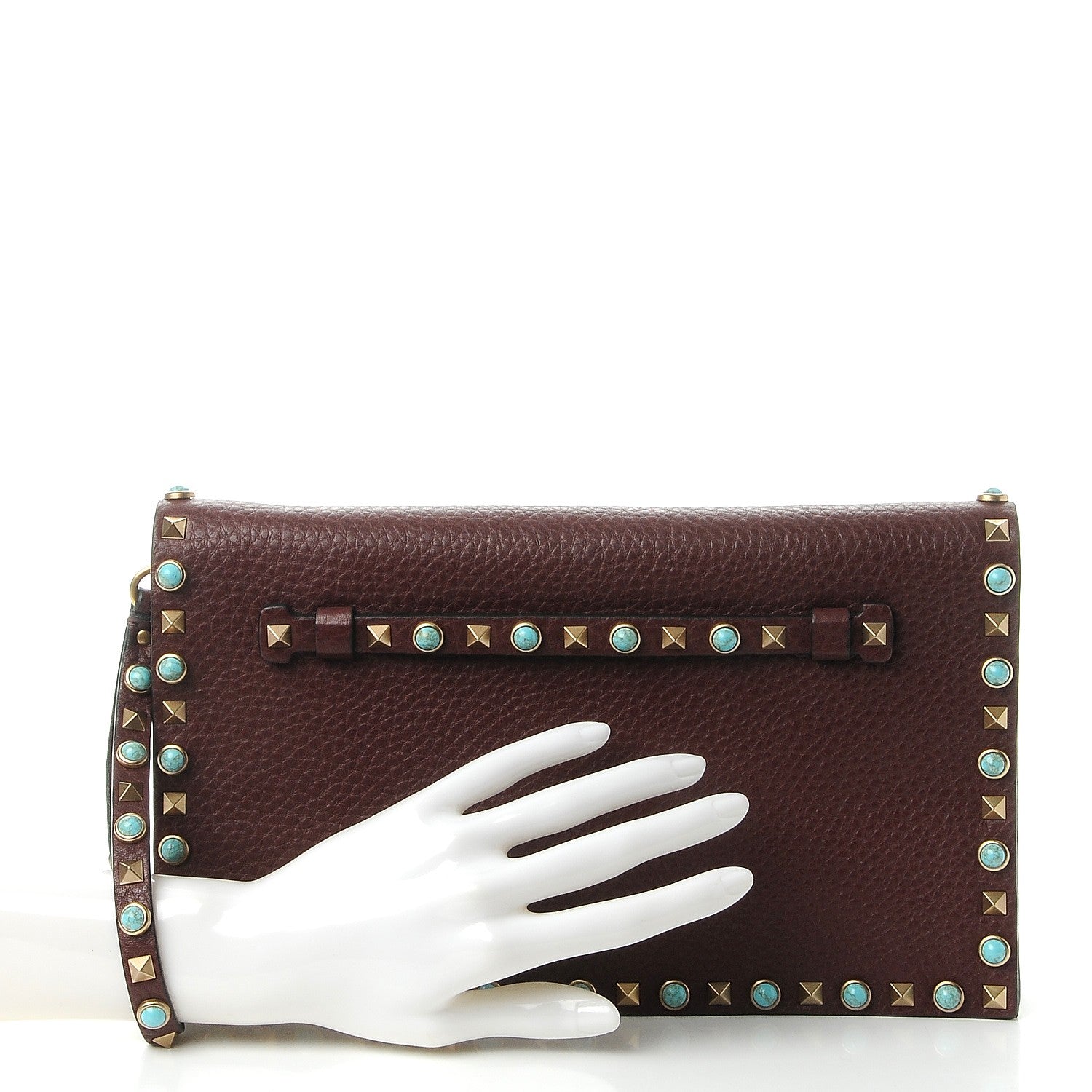 Valentino Garavani Pebbled Calfskin Rockstud Rolling Wristlet Clutch Rubin 2 of 7