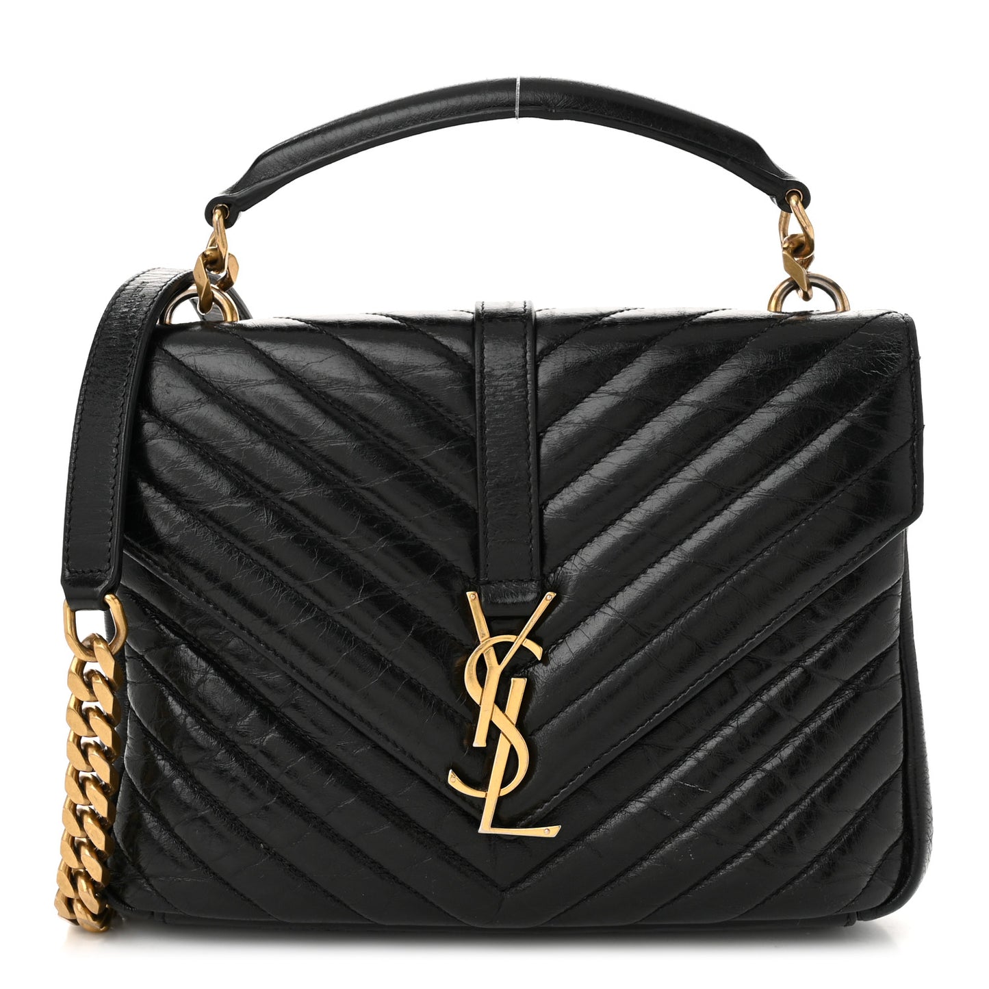 Cracked Shiny Calfskin Matelasse Chevron Monogram Medium College Bag Black