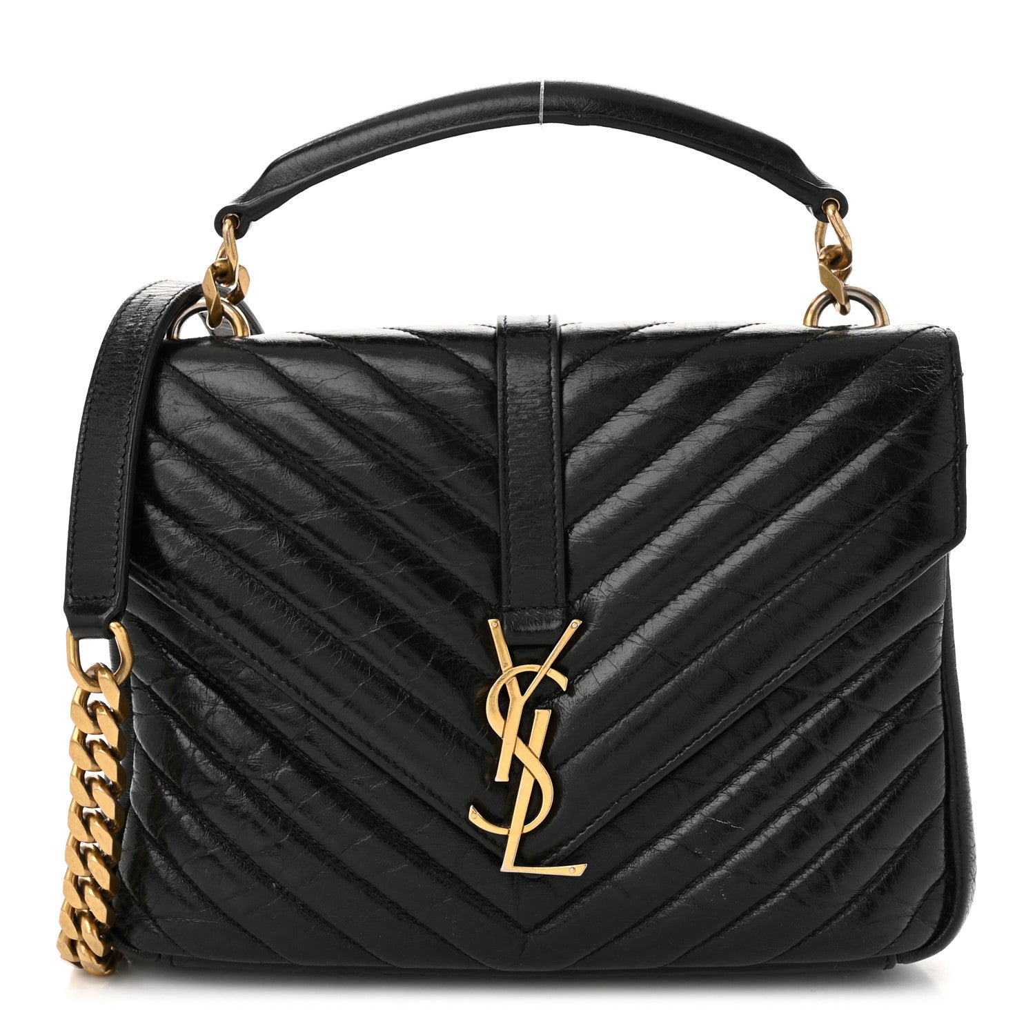 Saint Laurent Cracked Shiny Calfskin Matelasse Chevron Monogram Medium College Bag Black 1 of 10