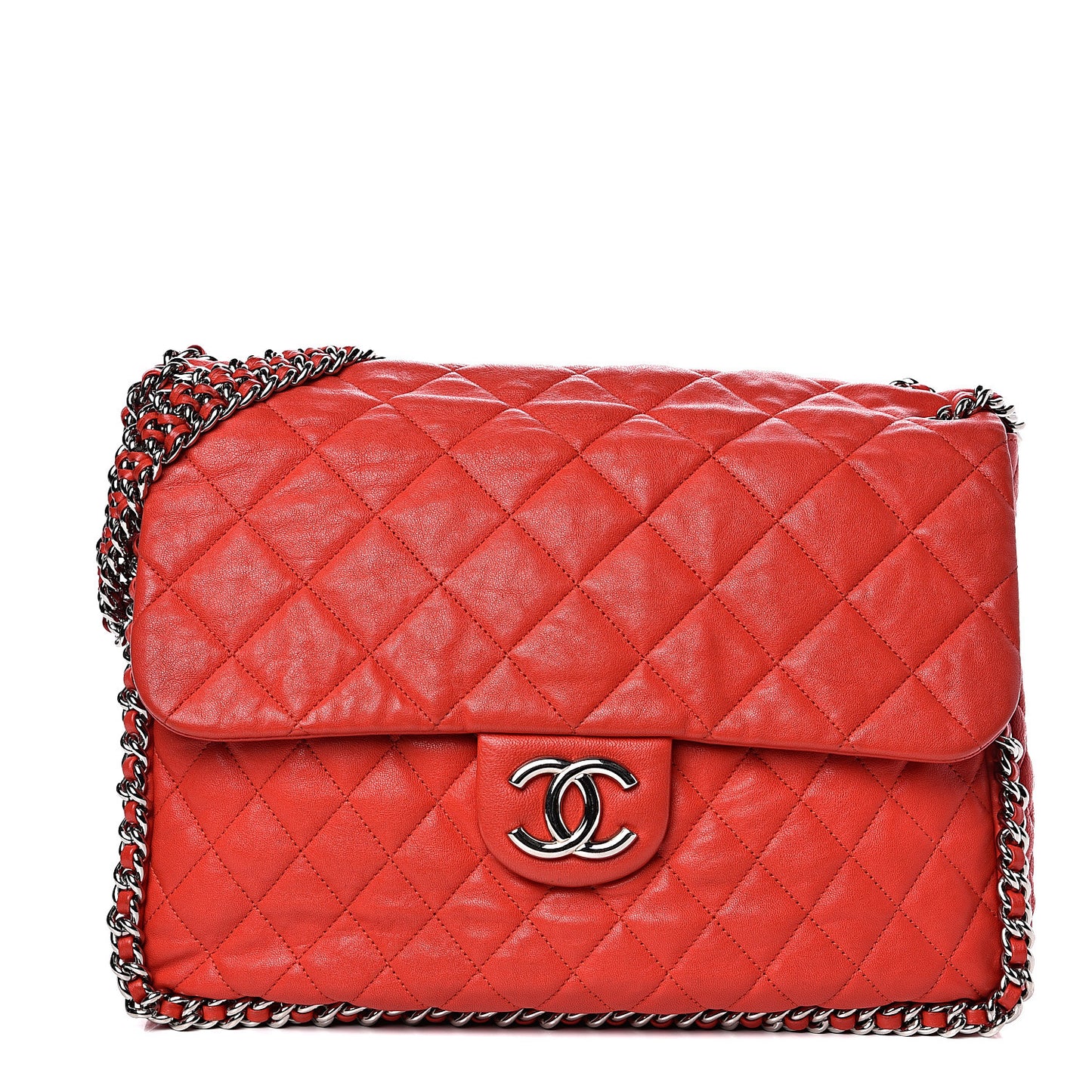Washed Lambskin Quilted Maxi Chain Around Flap Red