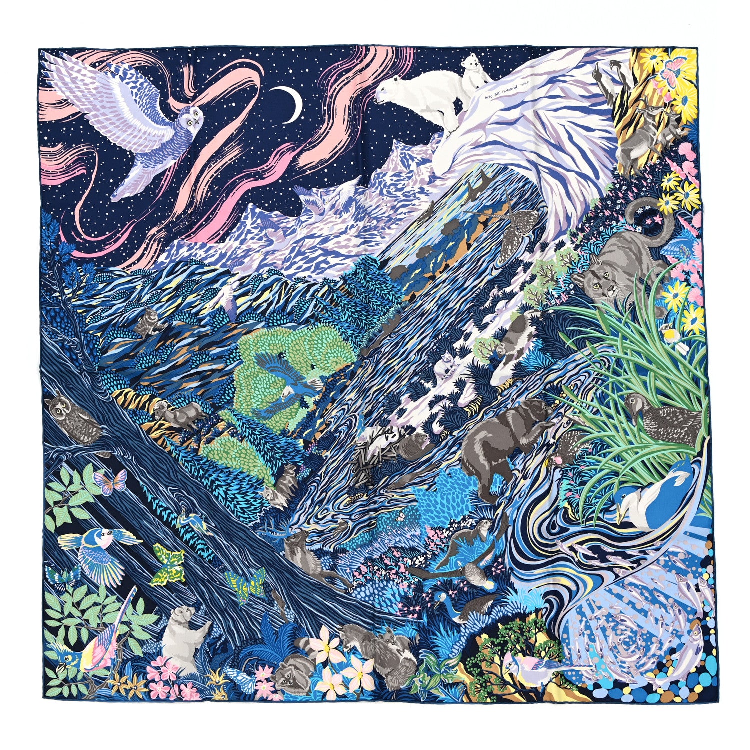Hermes Silk Into The Canadian Wild Scarf 90 Wild Bleu Vert Parme 1 of 5