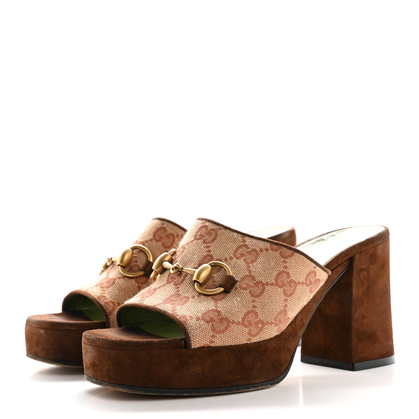 GG Monogram Kid Scamosciato Houdan Mid Heel Platform Slide Sandals 35 Beige Ruggine Maroon