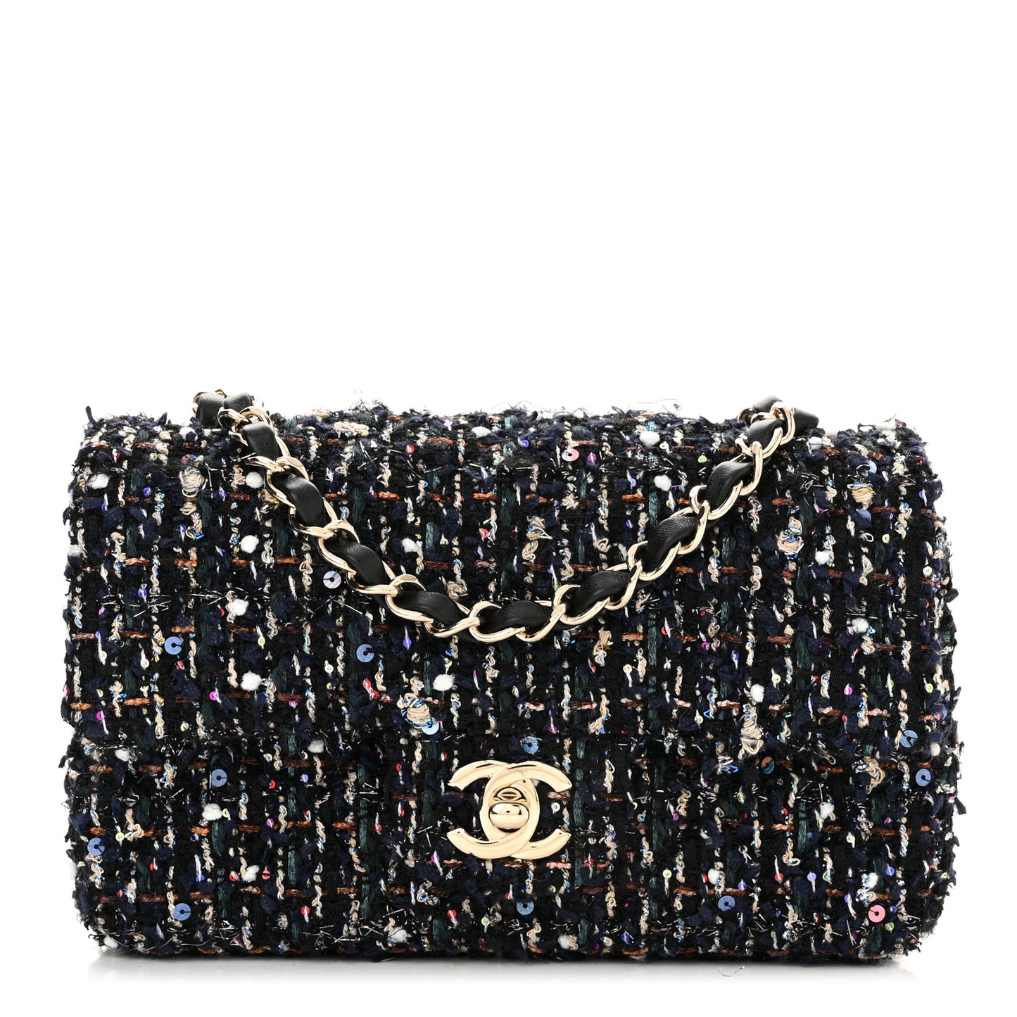 Glittered Tweed Quilted Mini Rectangular Flap Navy Blue Mulitcolor