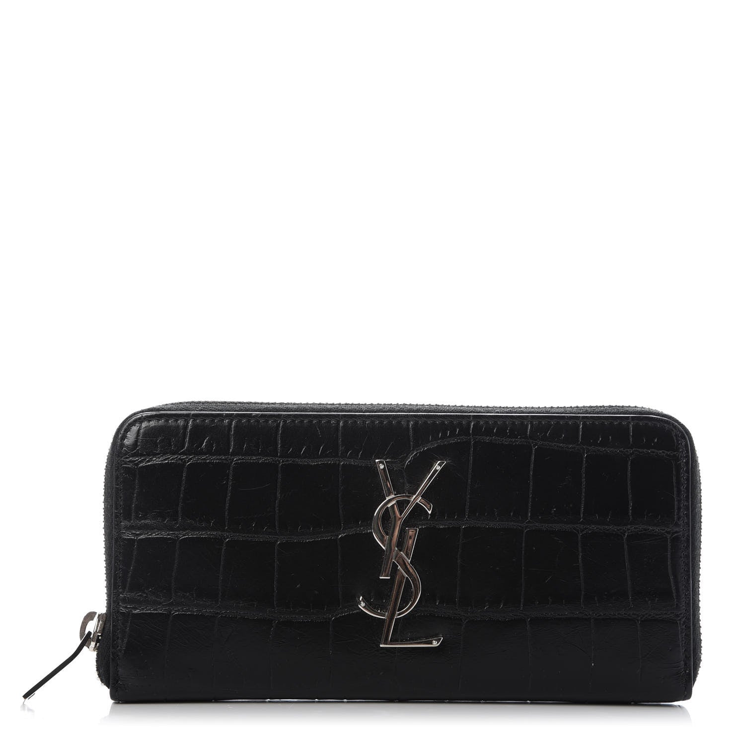 Saint Laurent Calfskin Crocodile Embossed Monogram Zip Around Wallet Black 1 of 9