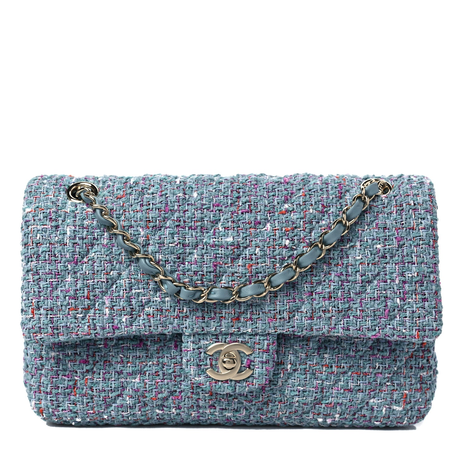 Chanel Tweed Quilted Medium Double Flap Turquoise Purple White Red 1 of 7
