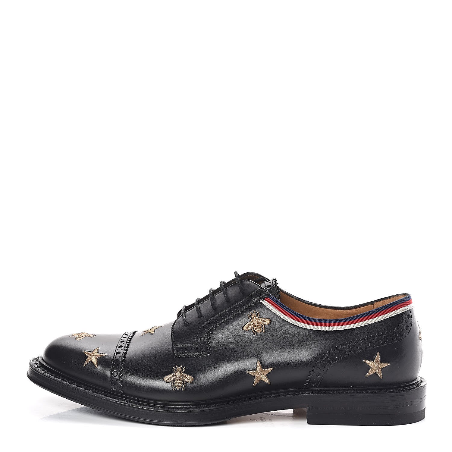 Gucci Calfskin Bee Star Embroidered Mens Captoe Derby Loafers 9 Black 1 of 8