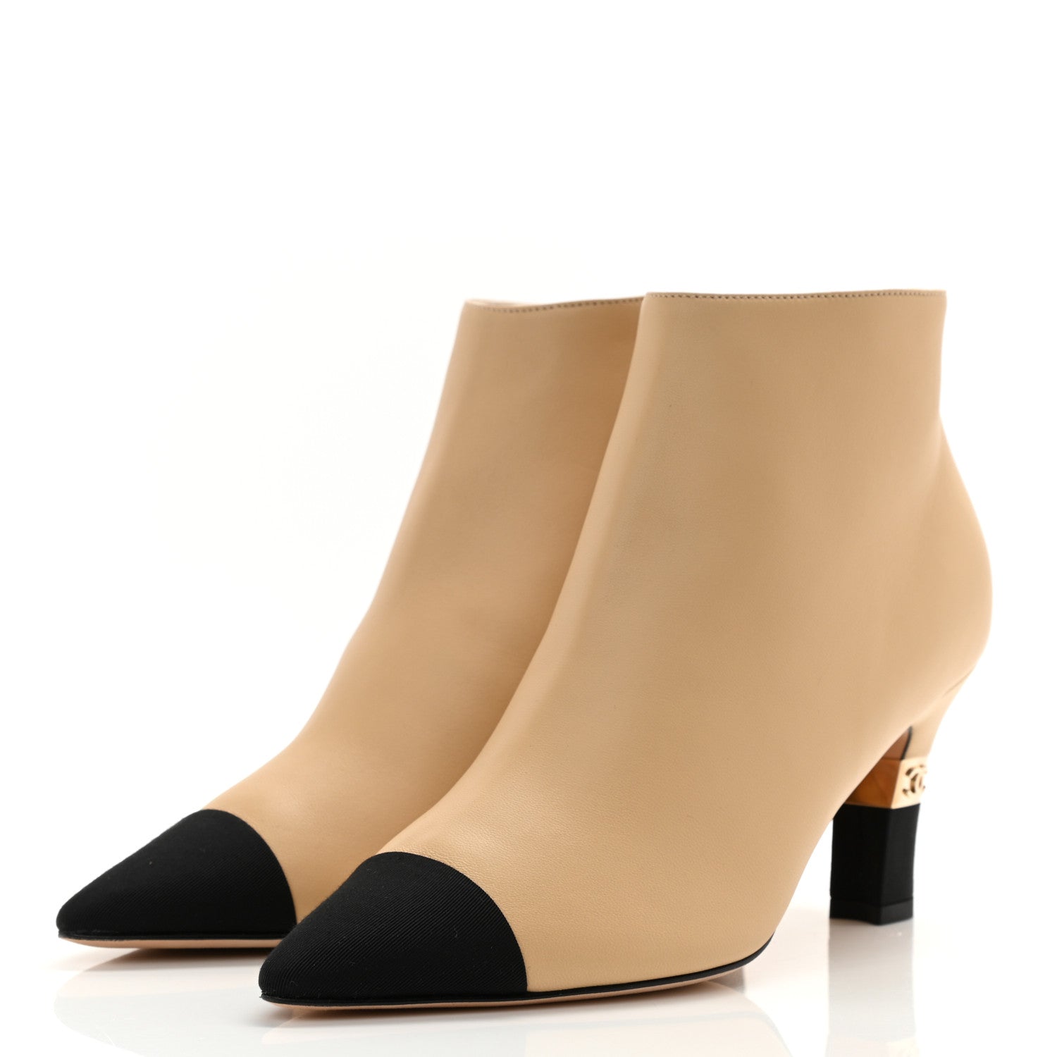 Chanel Lambskin Grosgrain Cap Toe Short Ankle Boots 37.5 Beige Black 3 of 9
