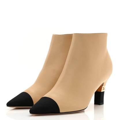 Chanel Lambskin Grosgrain Cap Toe Short Ankle Boots 37.5 Beige Black 3 of 9