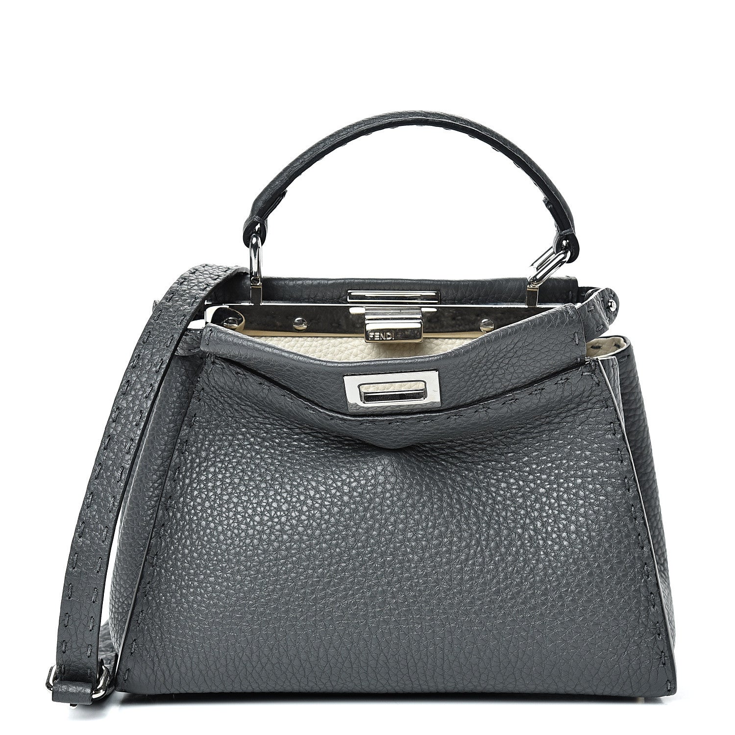 Fendi Cuoio Romano Selleria Bi-Color Mini Peekaboo Iconic Satchel Asfalto Latte 1 of 12