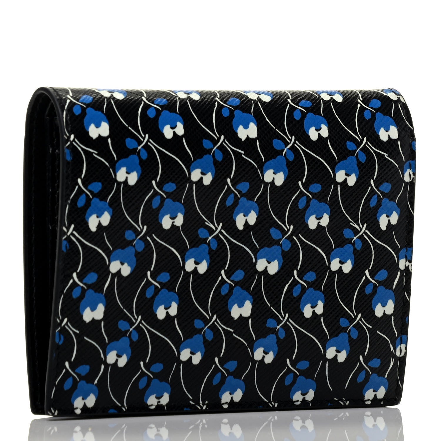 Prada Saffiano Floral Print Bi-Fold Wallet Black 3 of 7