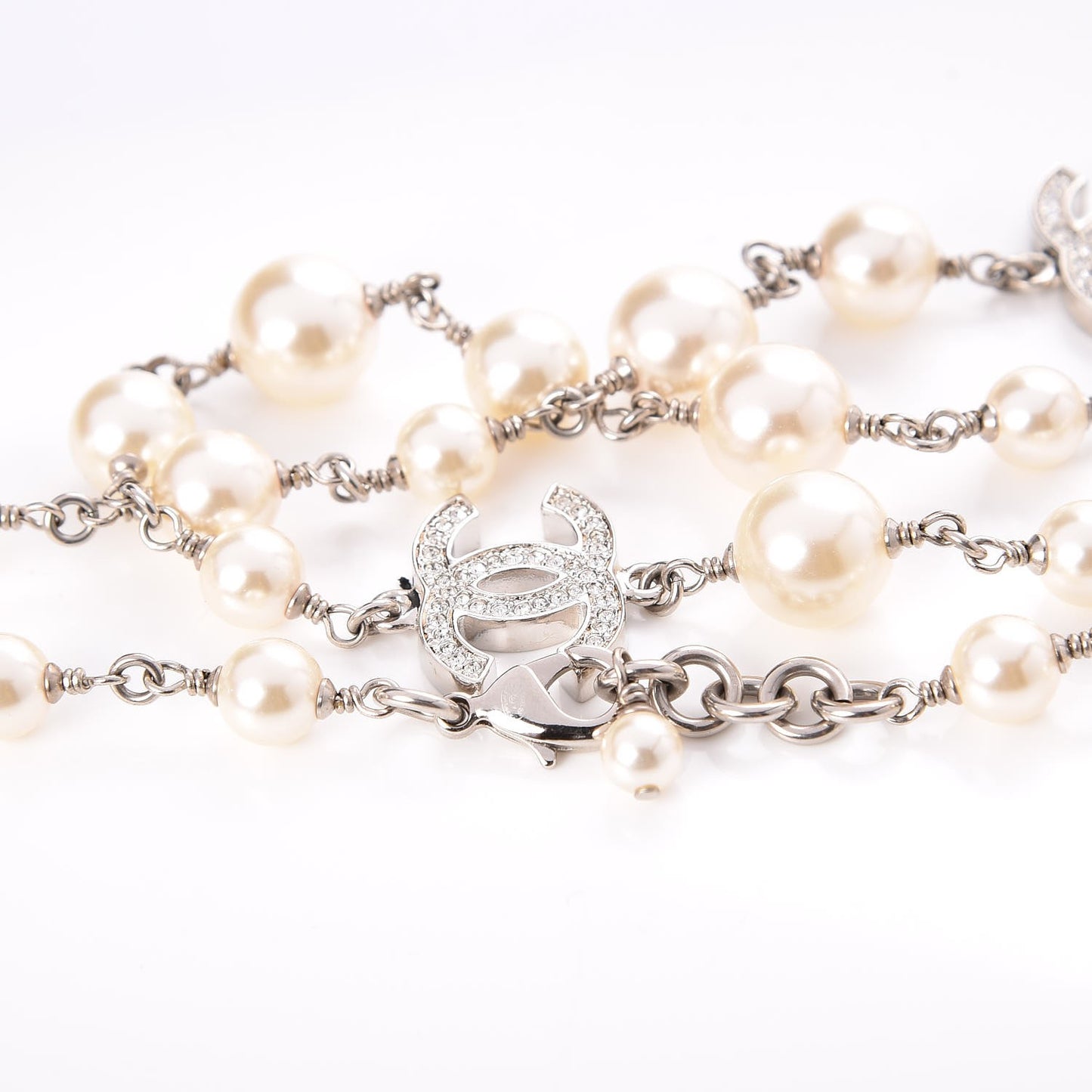 Graduated Pearl Crystal CC Long Necklace Silver