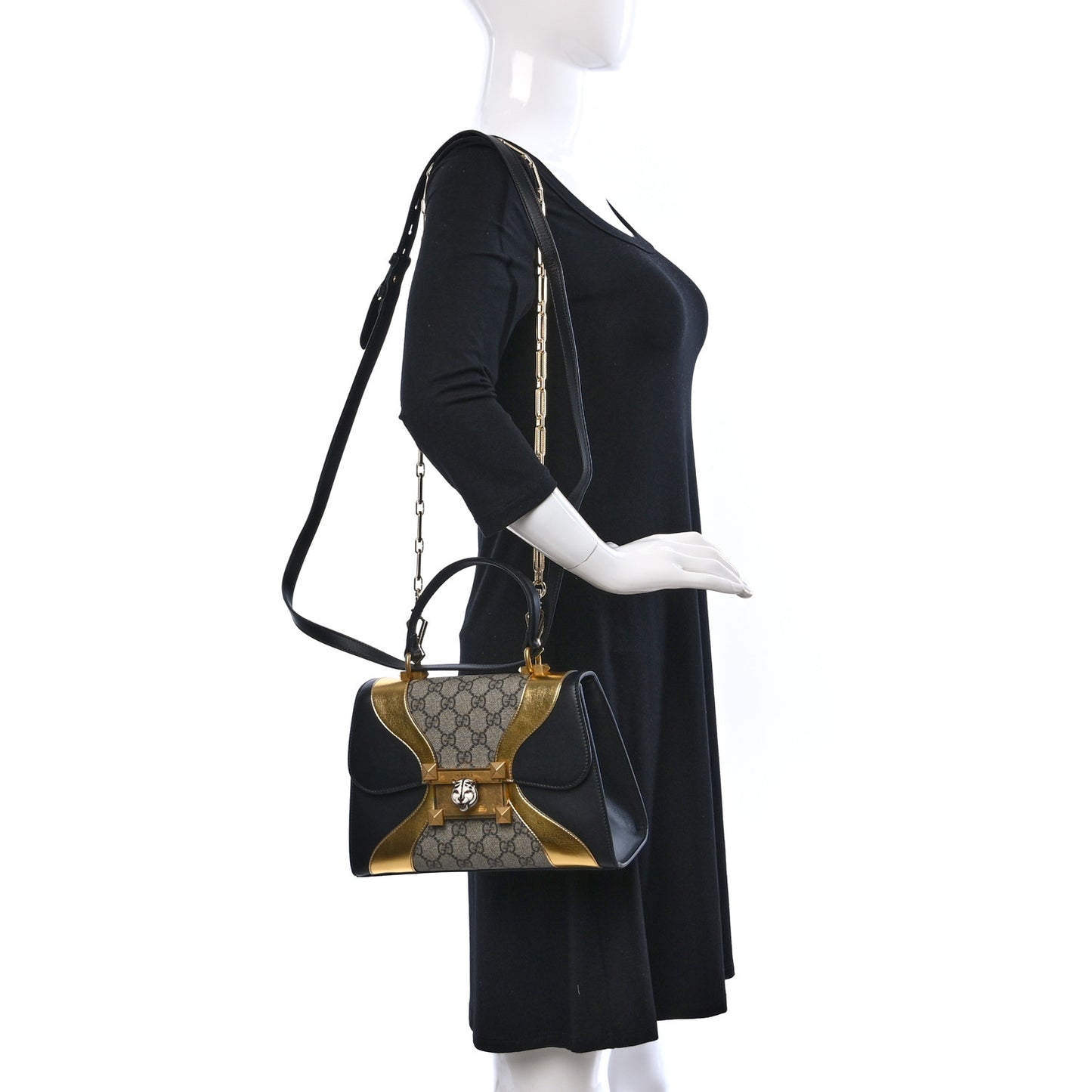 GG Supreme Monogram Small Osiride Top Handle Bag Black Gold