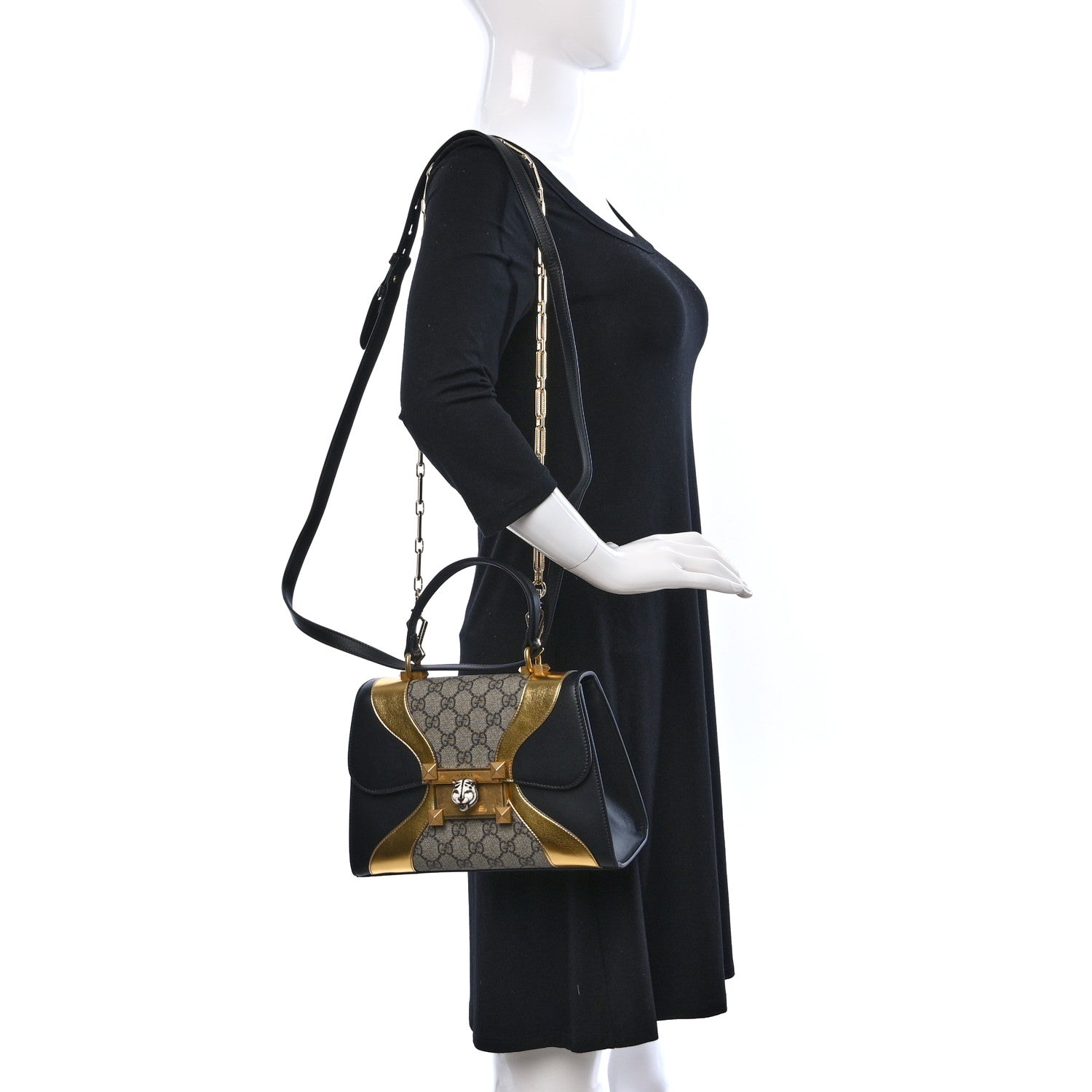 Gucci GG Supreme Monogram Small Osiride Top Handle Bag Black Gold 2 of 9