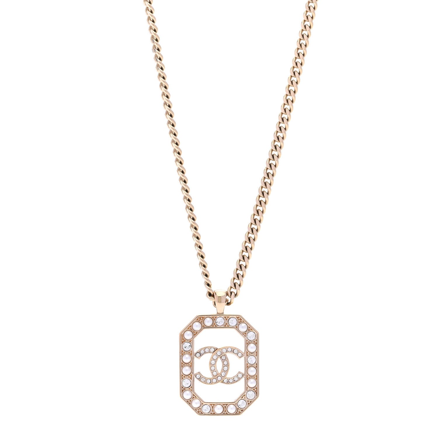 Chanel Crystal Pearl CC Geometric Chain Necklace Gold 1 of 6