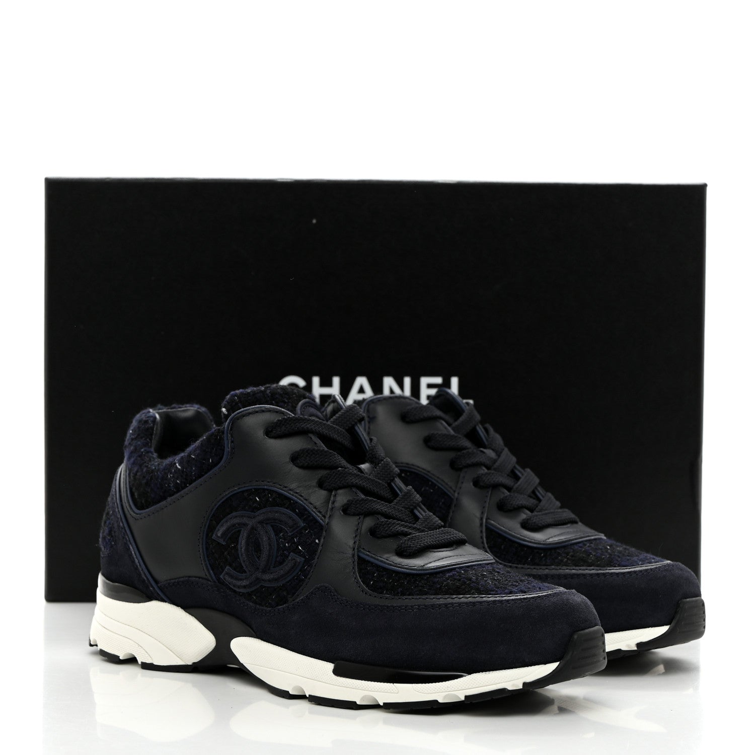 Chanel Tweed Suede Womens CC Sneakers 36 Black Blue 12 of 12