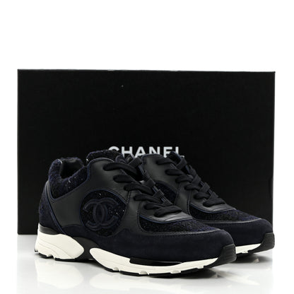 Chanel Tweed Suede Womens CC Sneakers 36 Black Blue 12 of 12