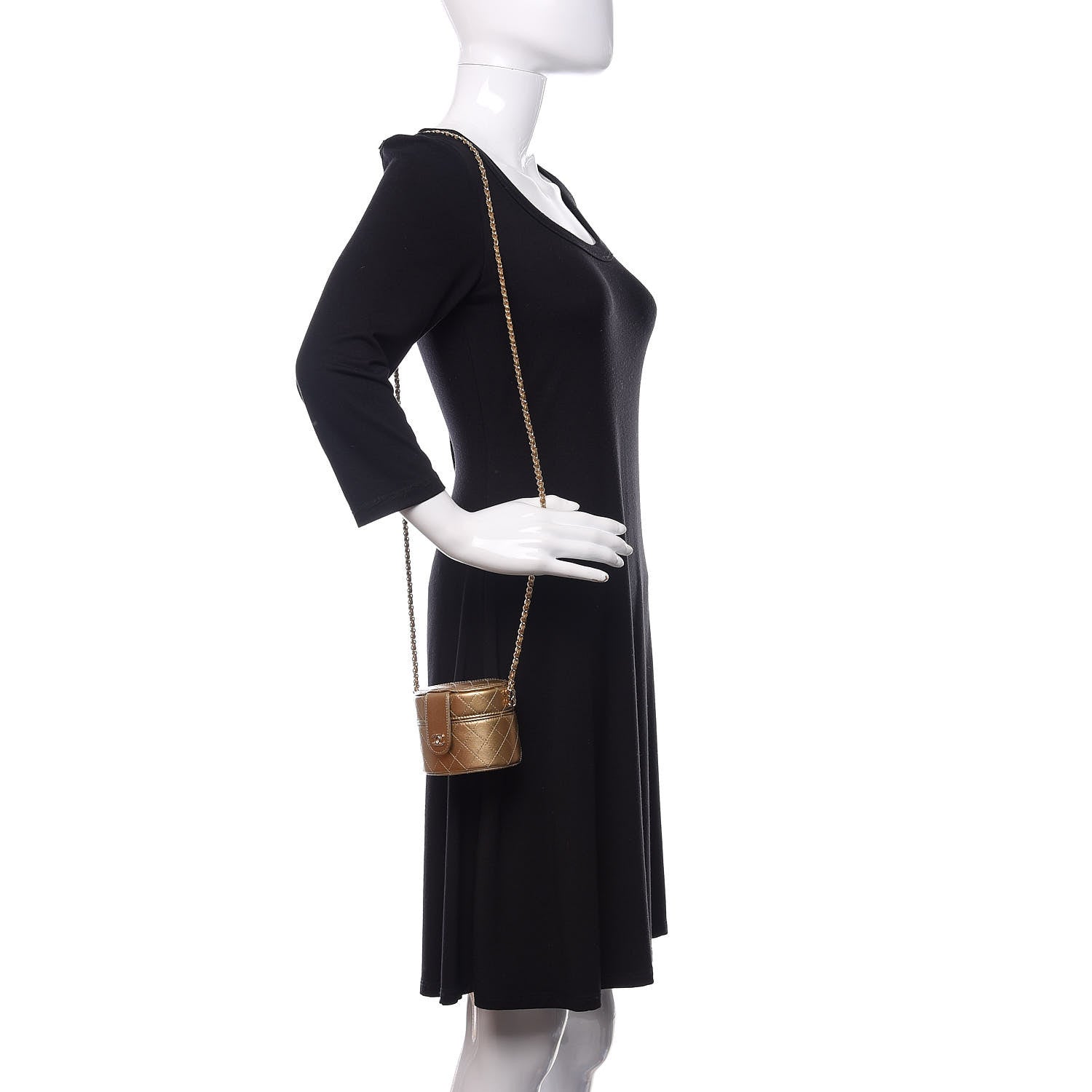 Chanel Metallic Lambskin Quilted Round Mini Vanity Case With Chain Gold 2 of 10