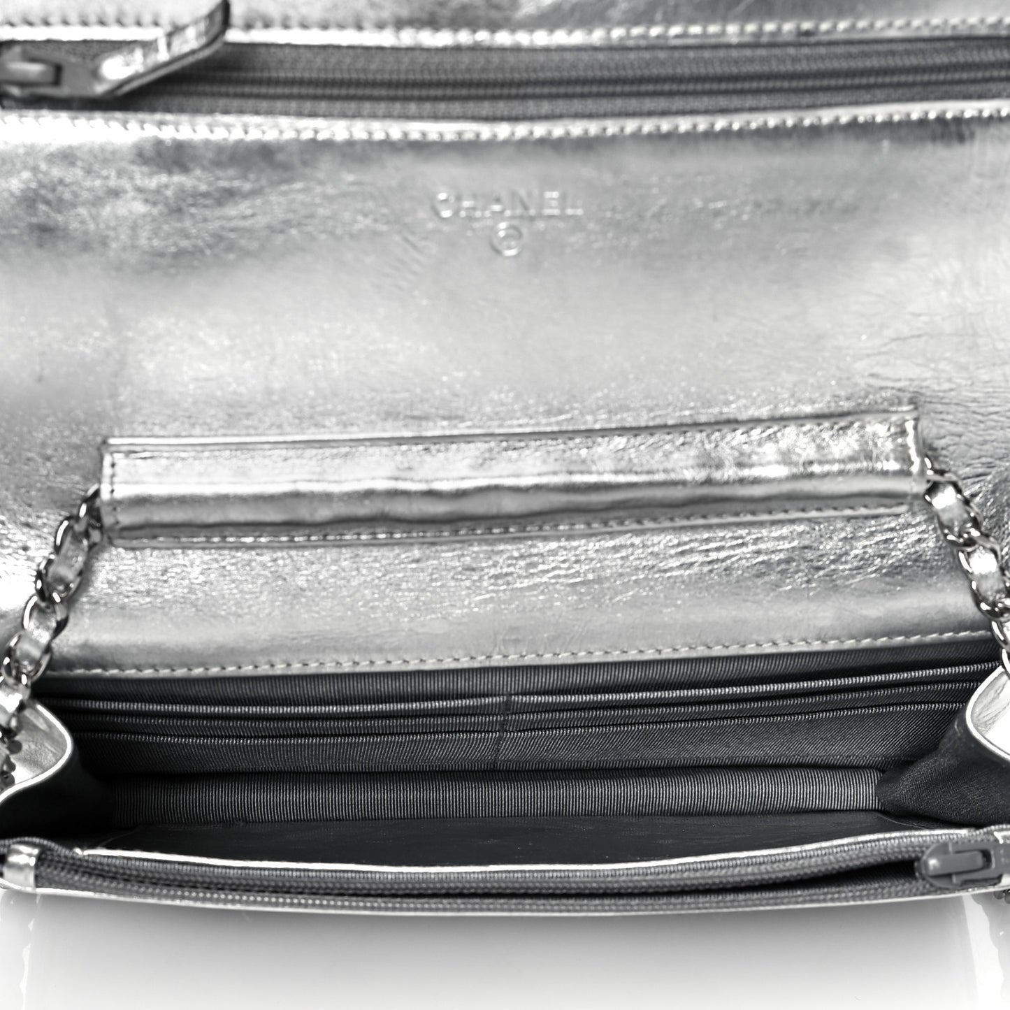 Metallic Aged Calfskin Quilted Reissue Wallet On Chain WOC Silver