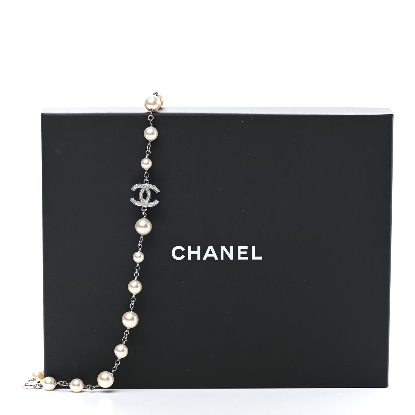Graduated Pearl Crystal CC Long Necklace Silver